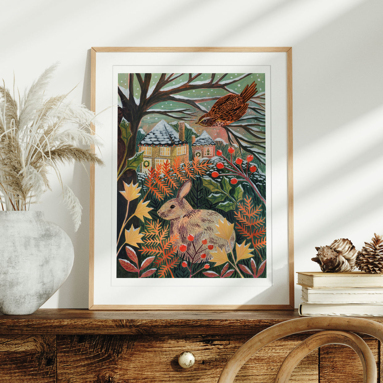 Rabbit and Redwing Winter Landscape Art Print - A5