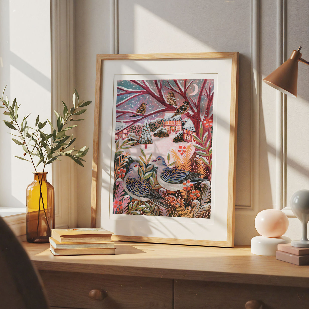 Turtle Doves Winter Landscape Art Print - A5