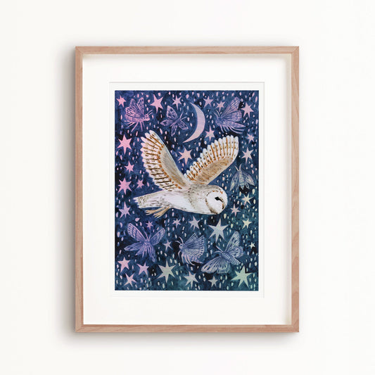 Barn Owl & Moths Art Print