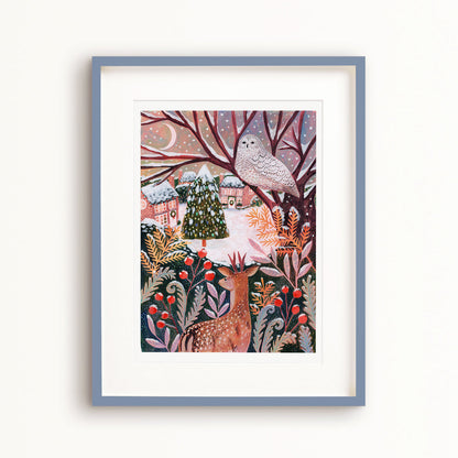 Deer and Snowy Owl Winter Landscape Art Print - A5