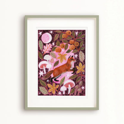 Fox and Mushrooms Autumnal Art Print