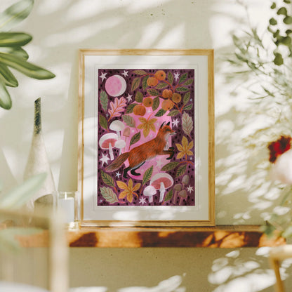 Fox and Mushrooms Autumnal Art Print