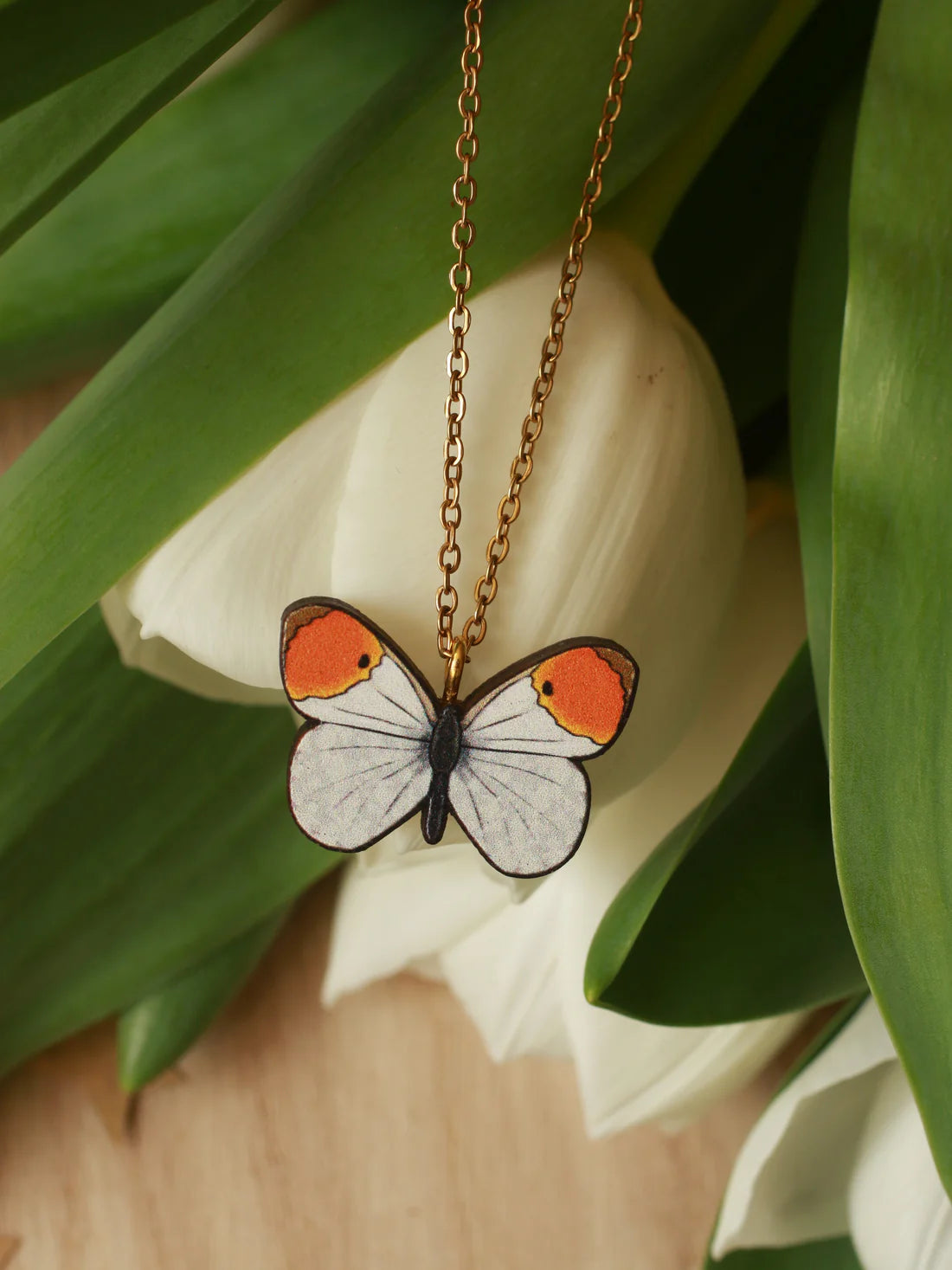 Wooden Orange Tip Butterfly Necklace
