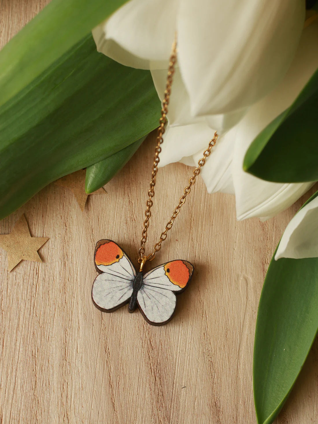 Wooden Orange Tip Butterfly Necklace