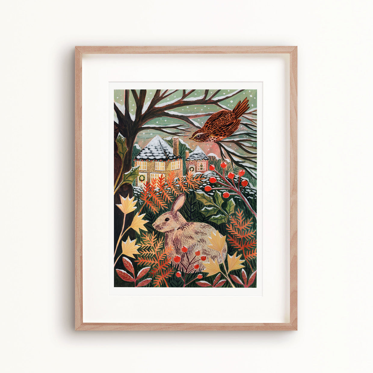 Rabbit and Redwing Winter Landscape Art Print - A5