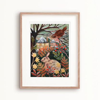 Rabbit and Redwing Winter Landscape Art Print - A5