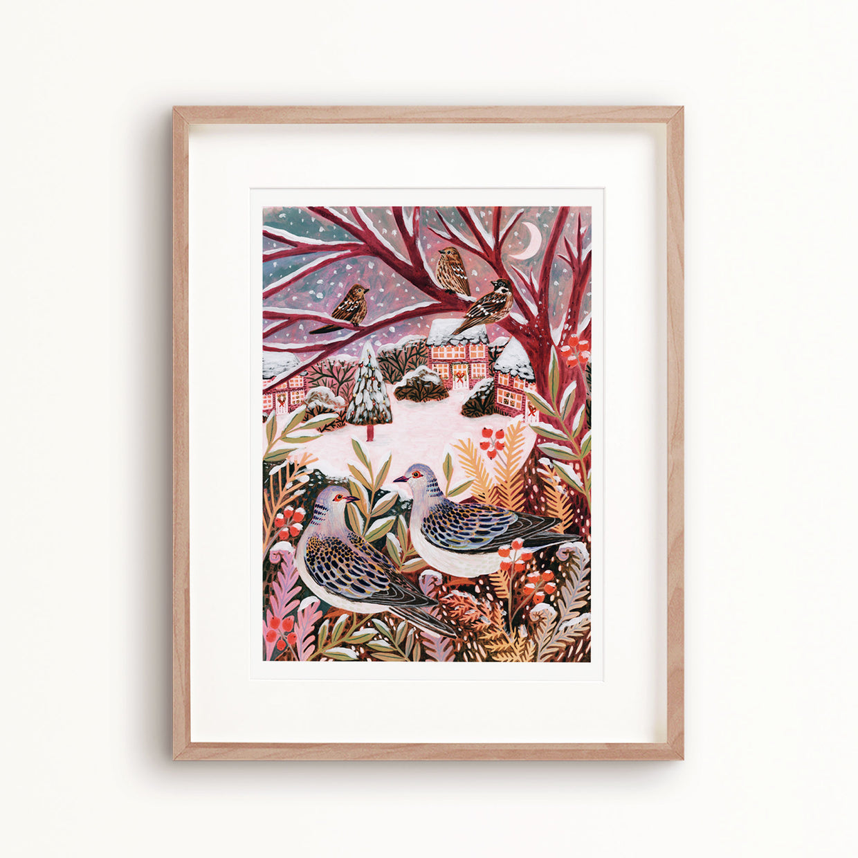 Turtle Doves Winter Landscape Art Print - A5