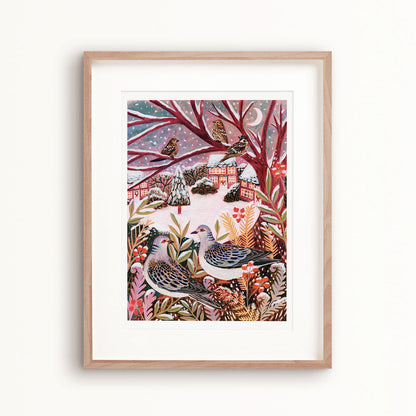 Turtle Doves Winter Landscape Art Print - A5
