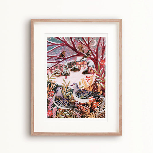 Turtle Doves Winter Landscape Art Print - A5
